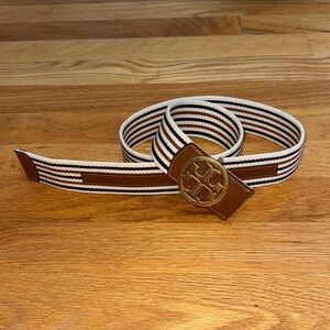 NEW Tory Burch Brown, White, Navy Blue Gold Women’s leather and canvas Belt